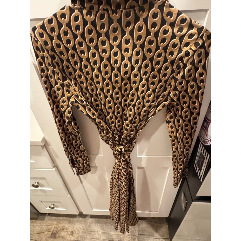Boden Women Gold Black‎ Chain Link Print Long Sleeve Tie Waist Shirt Dress 2P
